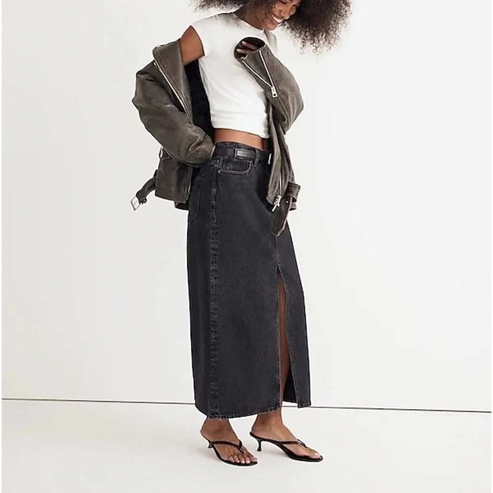 Madewell Denim Midi Skirt Womens 33 Black High Rise Front Slit Cotton Straight